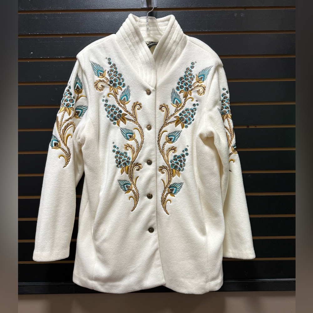 Bob Mackie Wearable Art Embroidered Jacket Floral Ivory L Button Front - Picture 1 of 5